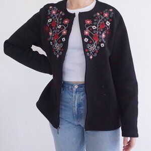 Croft & Barrow Black Embroidered Red Floral Cardinal Bird Zip Fleece Sweater L